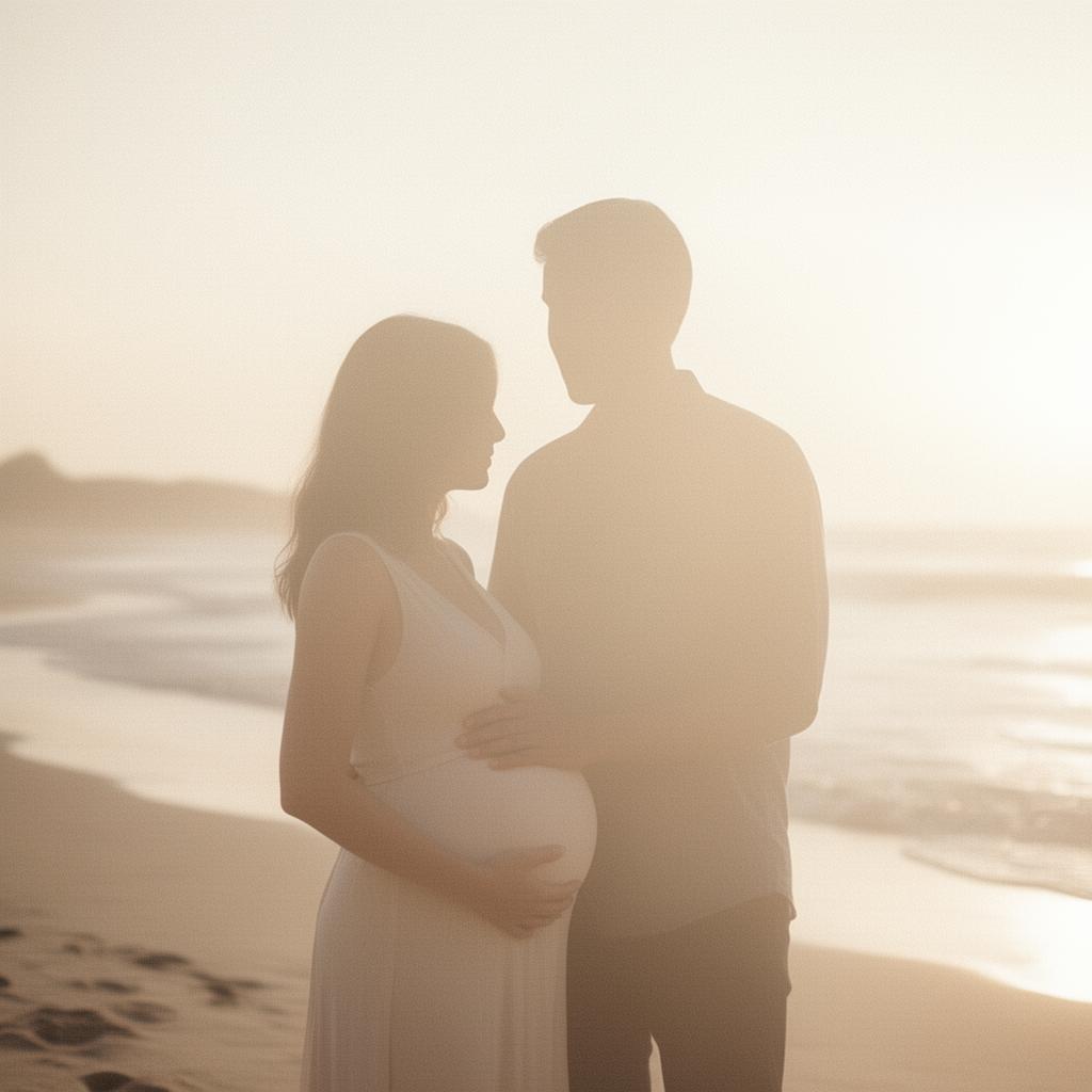 A couple at sunset, the woman gently cradling her pregnant belly — protecting their growing family